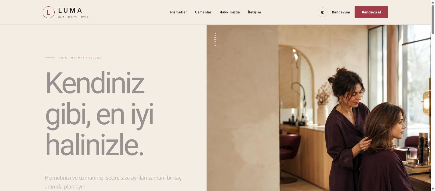 LUMA Atelier kuaför ve güzellik salonu web sitesi ana sayfası