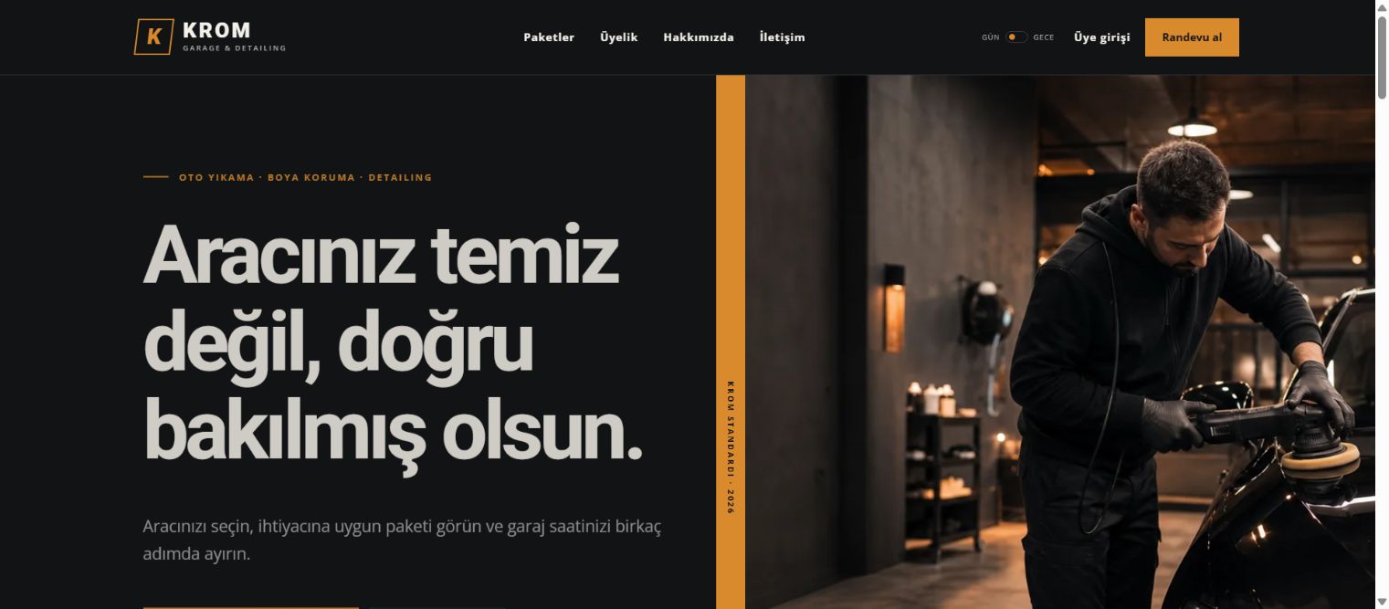 KROM Garage oto yıkama ve detailing web sitesi ana sayfası
